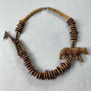 Lrg Vintage Wooden Hand-carved Tribal Animal Safari Necklace 26” Giraffe Leopard